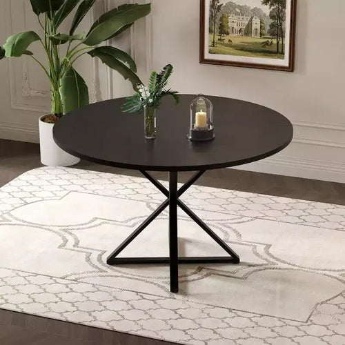 Table à manger ronde 47", piètement en fer noir, plateau noir/marron/bois, 4 places