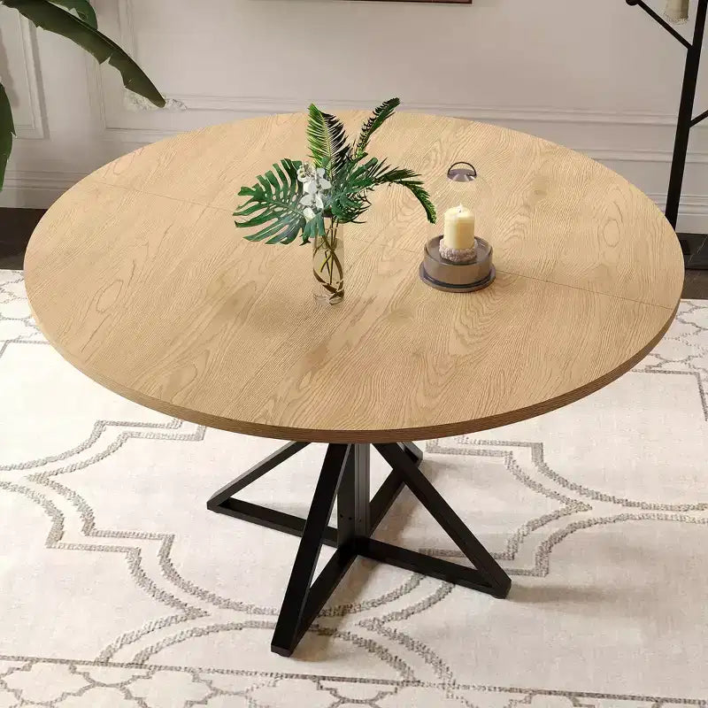 Table à manger ronde 47", piètement en fer noir, plateau noir/marron/bois, 4 places