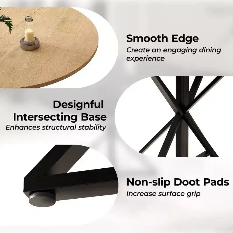 Table à manger ronde 47", piètement en fer noir, plateau noir/marron/bois, 4 places
