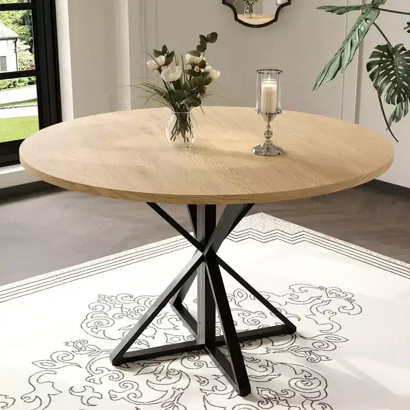 Table à manger ronde 47", piètement en fer noir, plateau noir/marron/bois, 4 places