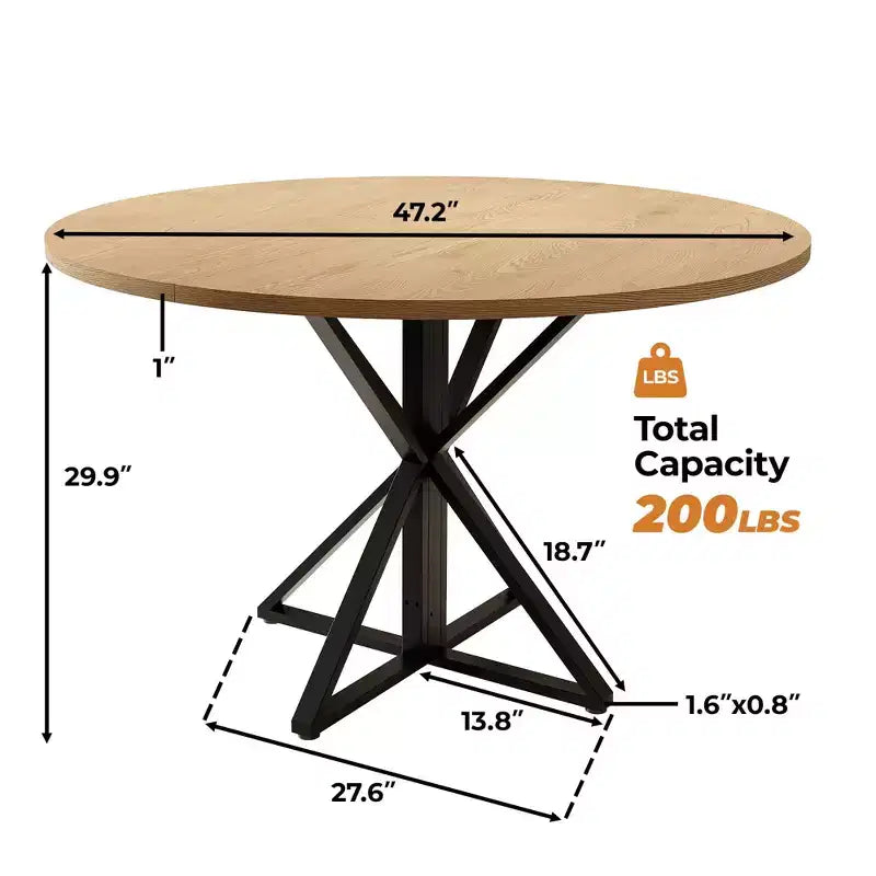 Table à manger ronde 47", piètement en fer noir, plateau noir/marron/bois, 4 places