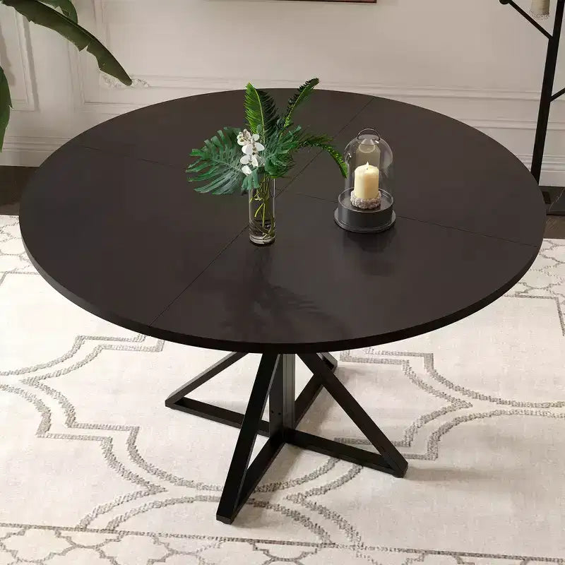 Table à manger ronde 47", piètement en fer noir, plateau noir/marron/bois, 4 places