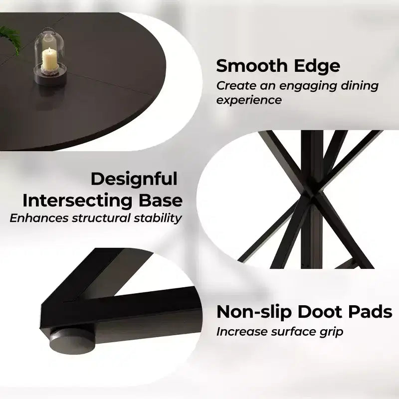 Table à manger ronde 47", piètement en fer noir, plateau noir/marron/bois, 4 places