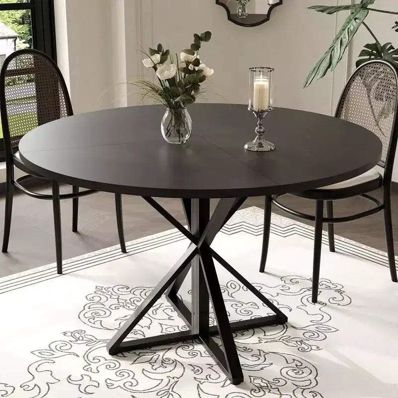 Table à manger ronde 47", piètement en fer noir, plateau noir/marron/bois, 4 places