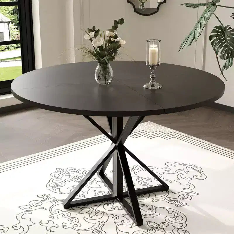 Table à manger ronde 47", piètement en fer noir, plateau noir/marron/bois, 4 places