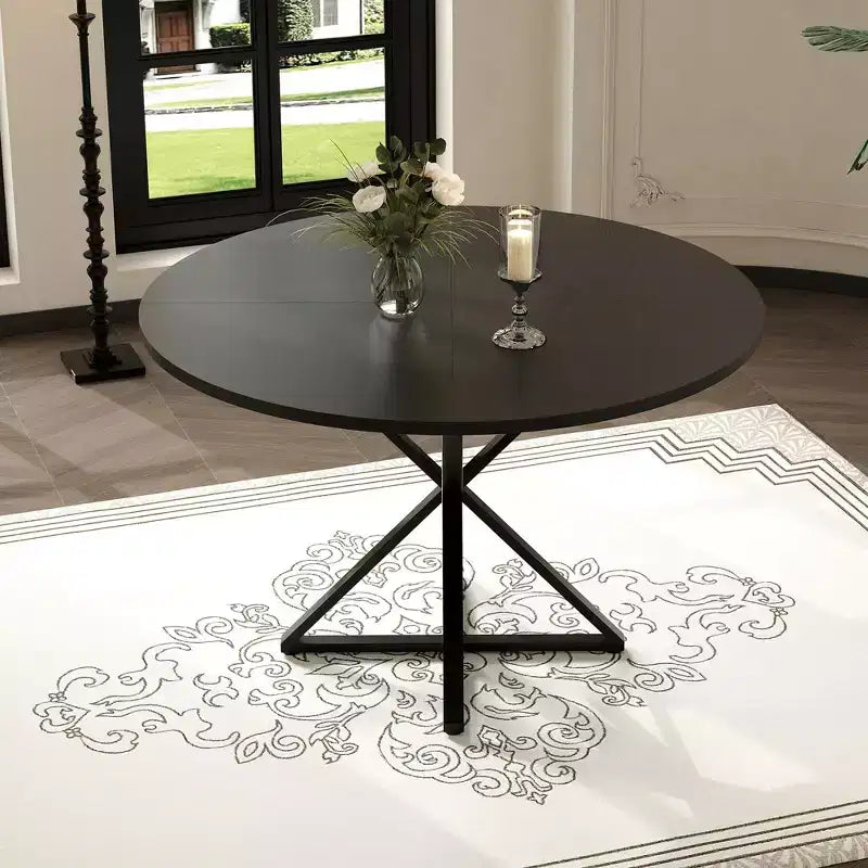 Table à manger ronde 47", piètement en fer noir, plateau noir/marron/bois, 4 places