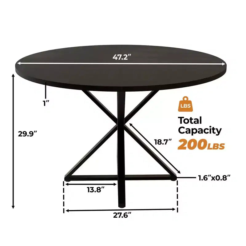 Table à manger ronde 47", piètement en fer noir, plateau noir/marron/bois, 4 places