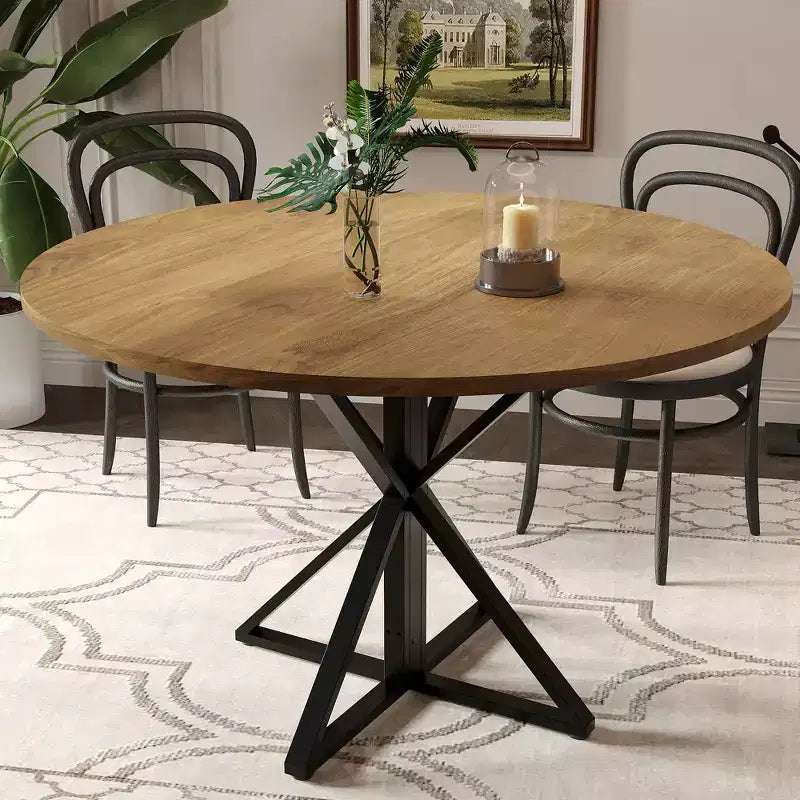 Table à manger ronde 47", piètement en fer noir, plateau noir/marron/bois, 4 places