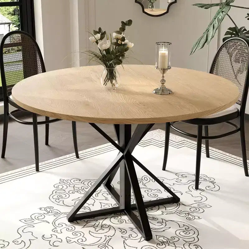 Table à manger ronde 47", piètement en fer noir, plateau noir/marron/bois, 4 places