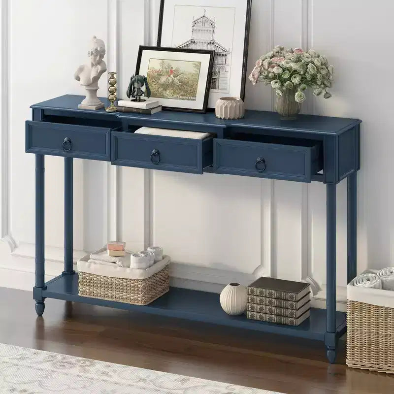 Console en pin noir/bleu avec 3 tiroirs et une étagère, montage par 1 personne