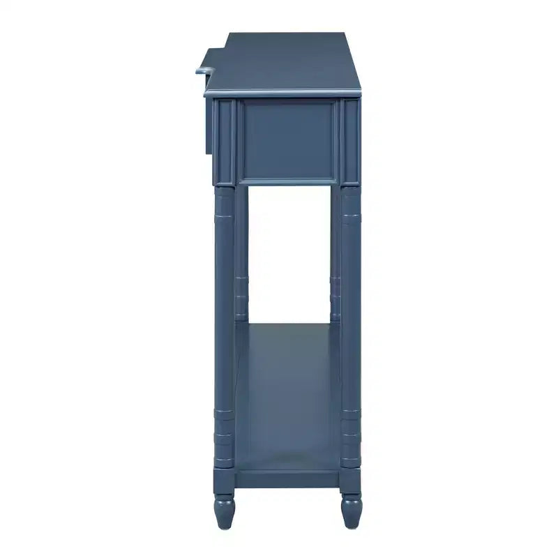 Console en pin noir/bleu avec 3 tiroirs et une étagère, montage par 1 personne