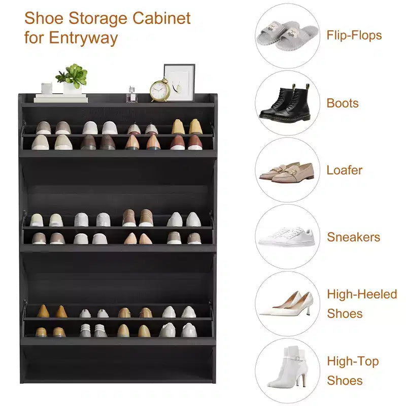 Meuble à chaussures basculant à 3 tiroirs noir – Étagère de rangement étroite en bois pour les familles