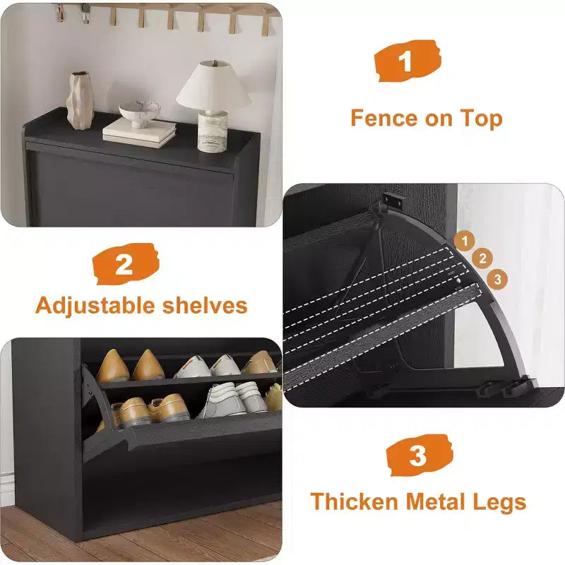 Meuble à chaussures basculant à 3 tiroirs noir – Étagère de rangement étroite en bois pour les familles
