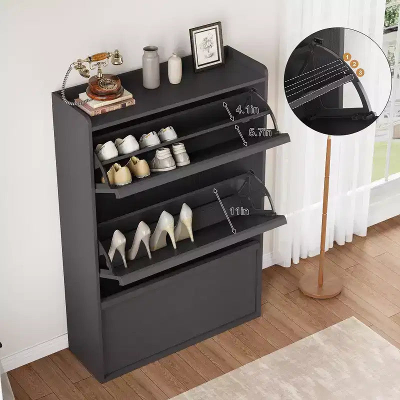 Meuble à chaussures basculant à 3 tiroirs noir – Étagère de rangement étroite en bois pour les familles