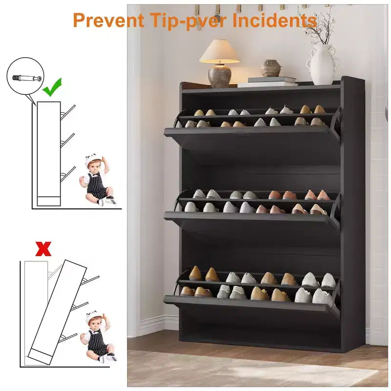 Meuble à chaussures basculant à 3 tiroirs noir – Étagère de rangement étroite en bois pour les familles