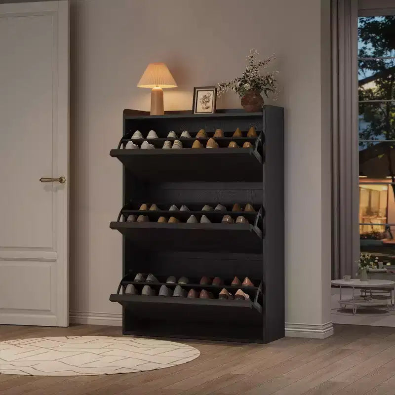 Meuble à chaussures basculant à 3 tiroirs noir – Étagère de rangement étroite en bois pour les familles