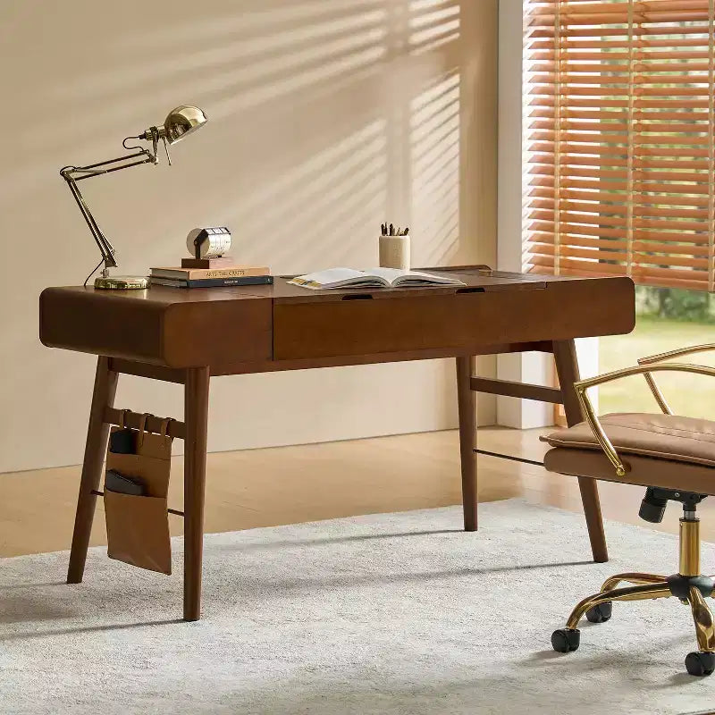 Bureau réglable en hauteur, style moderne du milieu du siècle, 1 place, 152 cm, couleur chêne/noyer, avec rangement