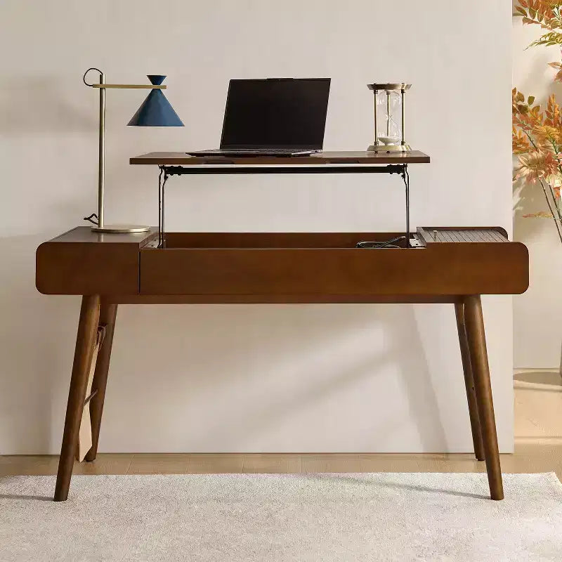 Bureau réglable en hauteur, style moderne du milieu du siècle, 1 place, 152 cm, couleur chêne/noyer, avec rangement
