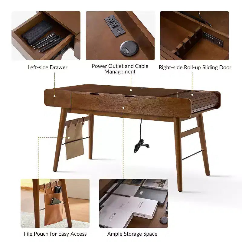 Bureau réglable en hauteur, style moderne du milieu du siècle, 1 place, 152 cm, couleur chêne/noyer, avec rangement