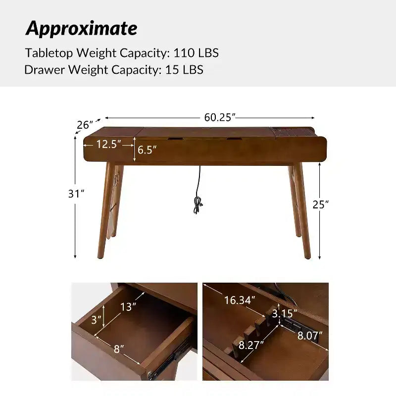 Bureau réglable en hauteur, style moderne du milieu du siècle, 1 place, 152 cm, couleur chêne/noyer, avec rangement