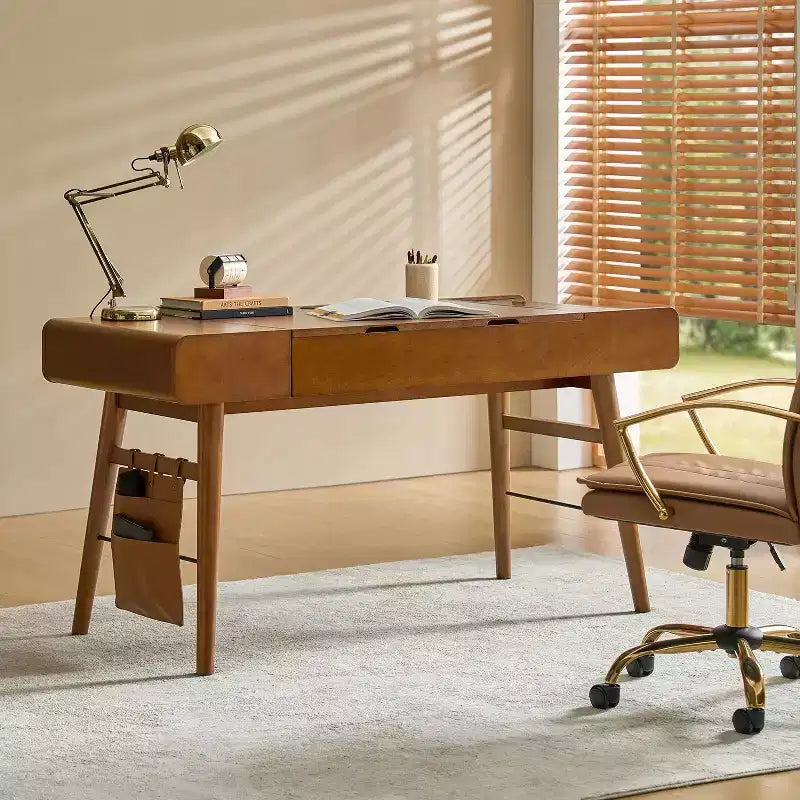 Bureau réglable en hauteur, style moderne du milieu du siècle, 1 place, 152 cm, couleur chêne/noyer, avec rangement