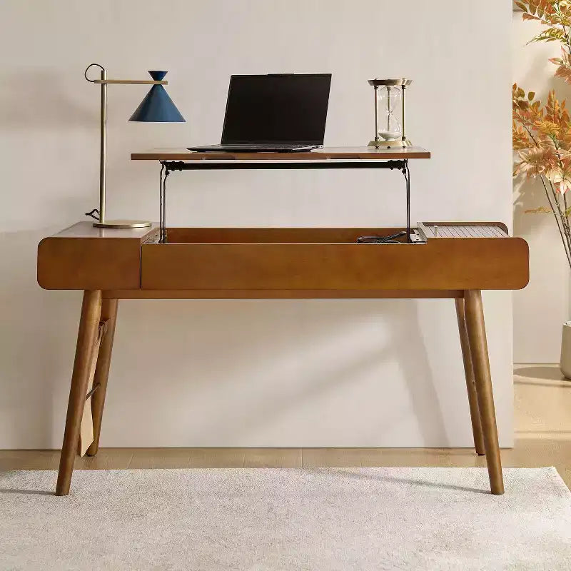 Bureau réglable en hauteur, style moderne du milieu du siècle, 1 place, 152 cm, couleur chêne/noyer, avec rangement