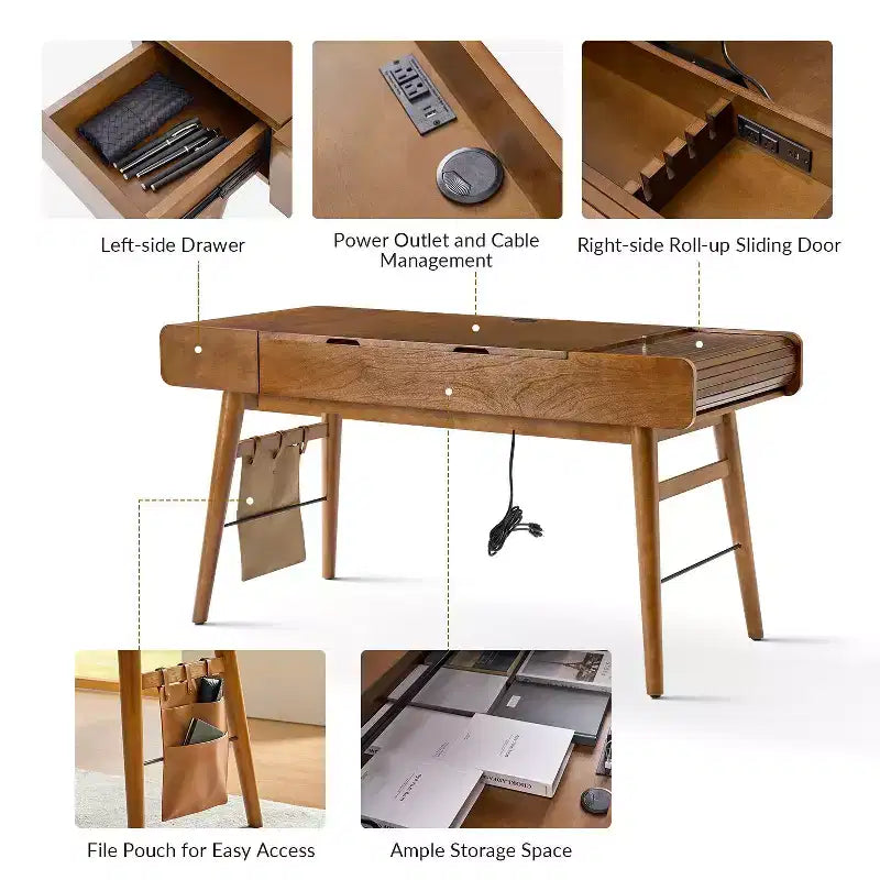 Bureau réglable en hauteur, style moderne du milieu du siècle, 1 place, 152 cm, couleur chêne/noyer, avec rangement
