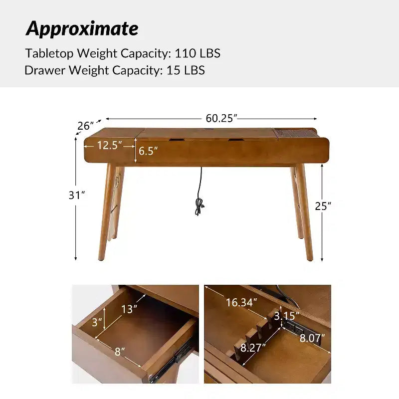 Bureau réglable en hauteur, style moderne du milieu du siècle, 1 place, 152 cm, couleur chêne/noyer, avec rangement
