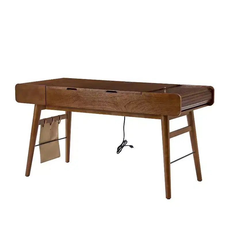 Bureau réglable en hauteur, style moderne du milieu du siècle, 1 place, 152 cm, couleur chêne/noyer, avec rangement