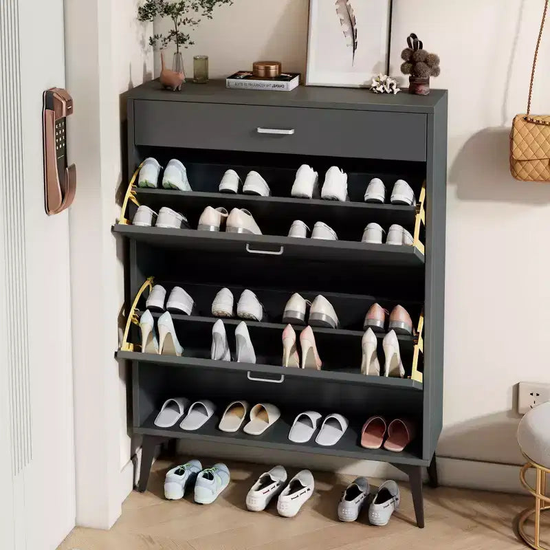 Meuble à chaussures avec 3 tiroirs et étagère ouverte – Gris antique / Noir / Blanc