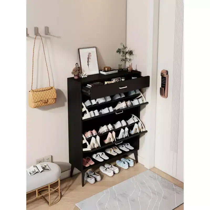 Meuble à chaussures avec 3 tiroirs et étagère ouverte – Gris antique / Noir / Blanc