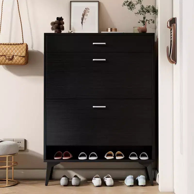 Meuble à chaussures avec 3 tiroirs et étagère ouverte – Gris antique / Noir / Blanc