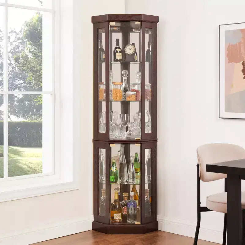 Vitrine d'angle noire / cerise / blanche avec 2 portes en verre, 6 étagères – Pour montage par 1 personne