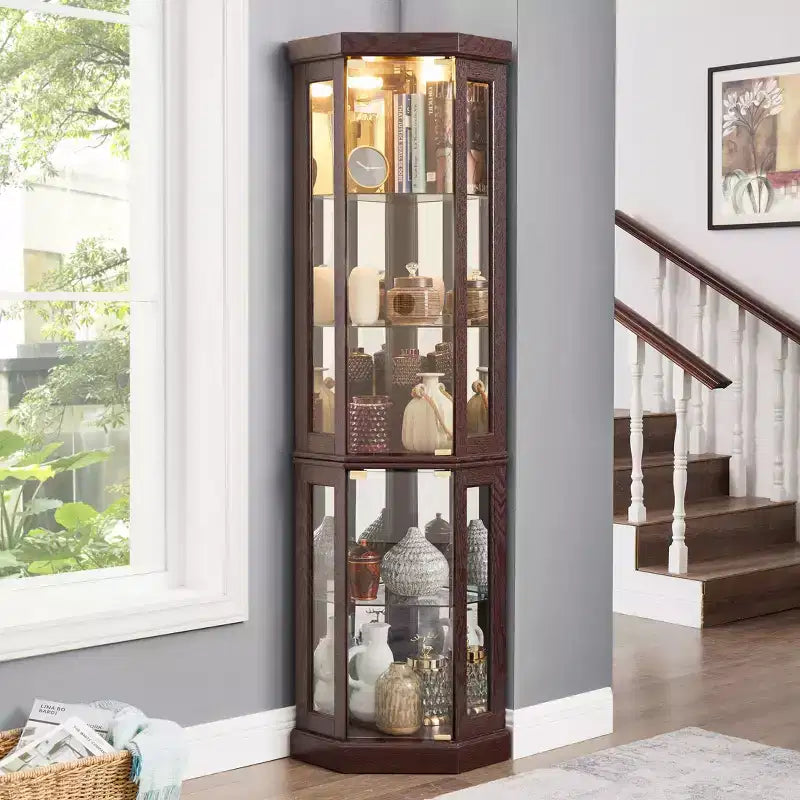 Vitrine d'angle noire / cerise / blanche avec 2 portes en verre, 6 étagères – Pour montage par 1 personne