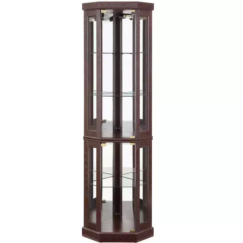 Vitrine d'angle noire / cerise / blanche avec 2 portes en verre, 6 étagères – Pour montage par 1 personne
