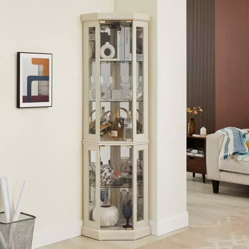 Vitrine d'angle noire / cerise / blanche avec 2 portes en verre, 6 étagères – Pour montage par 1 personne