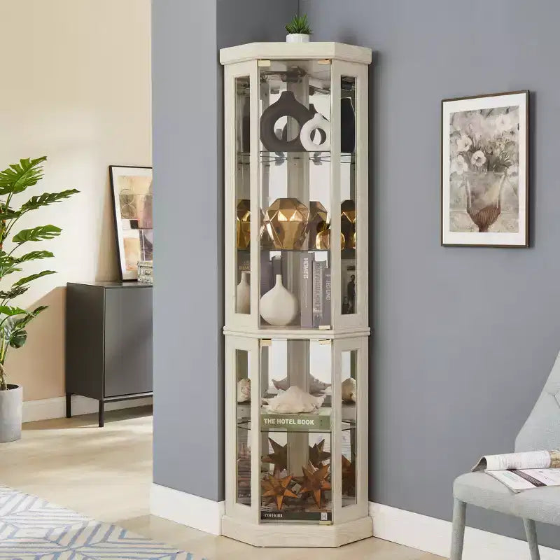 Vitrine d'angle noire / cerise / blanche avec 2 portes en verre, 6 étagères – Pour montage par 1 personne