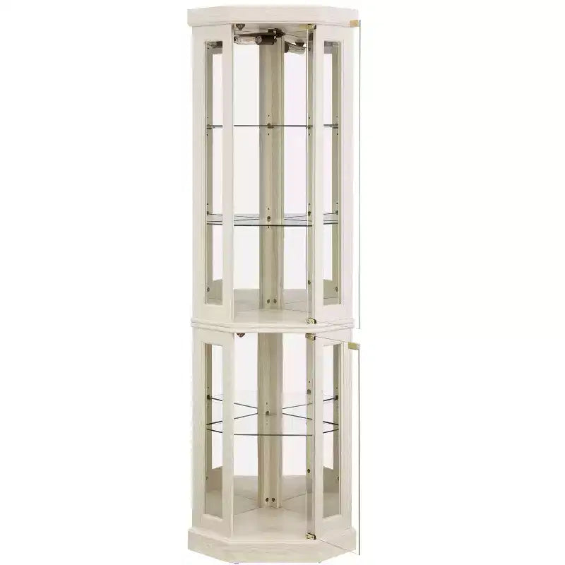 Vitrine d'angle noire / cerise / blanche avec 2 portes en verre, 6 étagères – Pour montage par 1 personne