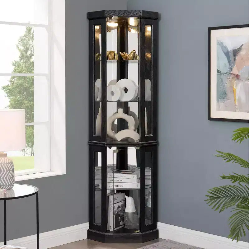 Vitrine d'angle noire / cerise / blanche avec 2 portes en verre, 6 étagères – Pour montage par 1 personne