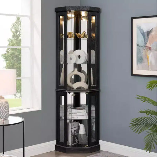 Vitrine d'angle noire / cerise / blanche avec 2 portes en verre, 6 étagères – Pour montage par 1 personne