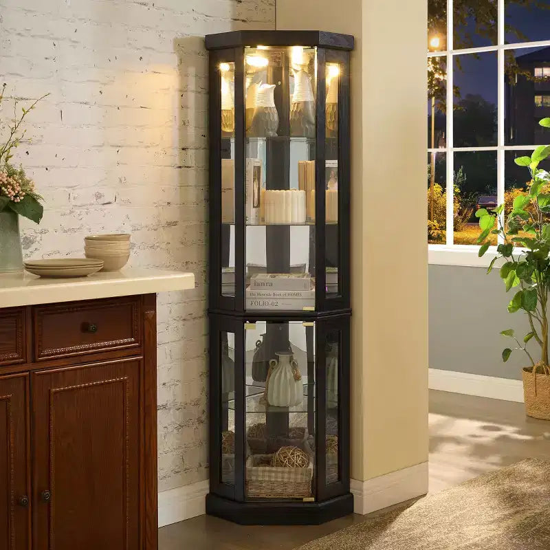 Vitrine d'angle noire / cerise / blanche avec 2 portes en verre, 6 étagères – Pour montage par 1 personne