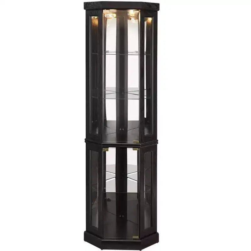Vitrine d'angle noire / cerise / blanche avec 2 portes en verre, 6 étagères – Pour montage par 1 personne