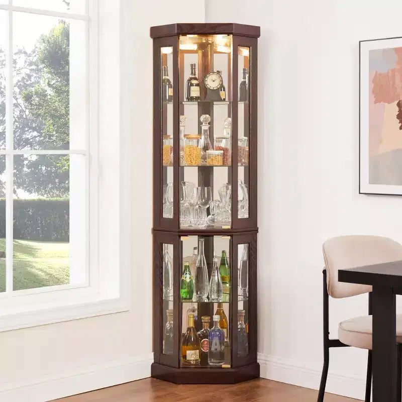Vitrine d'angle noire / cerise / blanche avec 2 portes en verre, 6 étagères – Pour montage par 1 personne