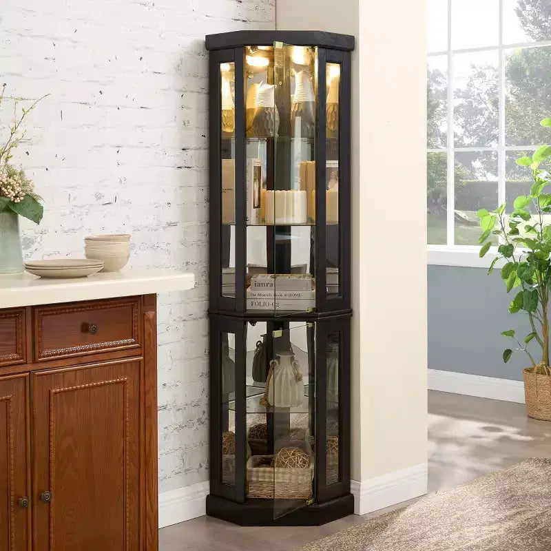 Vitrine d'angle noire / cerise / blanche avec 2 portes en verre, 6 étagères – Pour montage par 1 personne