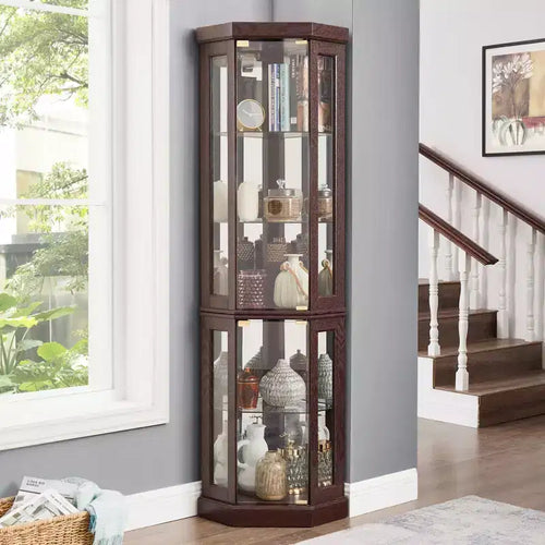 Okak Corner Curio Cabinet with 2 Glass Doors and Adjustable Tempered Glass Shelves, Corner Cabinet for Living Room, Kitchen