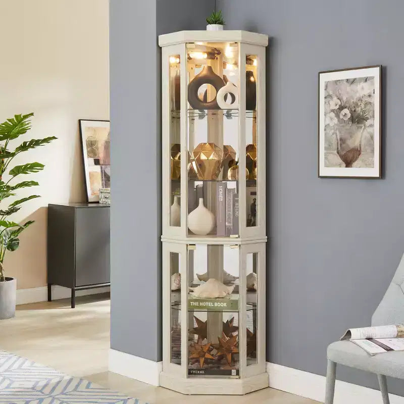 Vitrine d'angle noire / cerise / blanche avec 2 portes en verre, 6 étagères – Pour montage par 1 personne