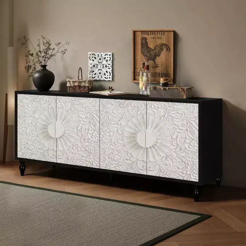 Buffet commode à fleurs sculptées, meuble de rangement 4 portes – Noir / Bois naturel / Bleu marine, une unité