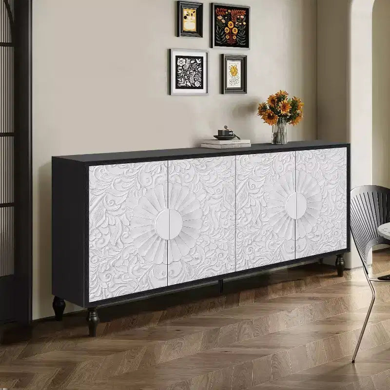 Buffet commode à fleurs sculptées, meuble de rangement 4 portes – Noir / Bois naturel / Bleu marine, une unité