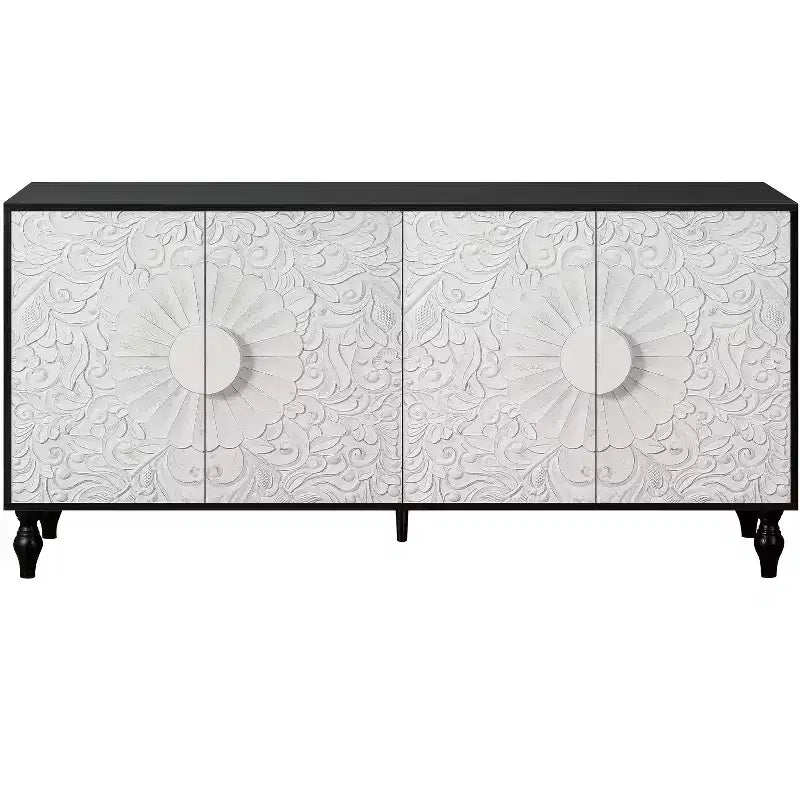 Buffet commode à fleurs sculptées, meuble de rangement 4 portes – Noir / Bois naturel / Bleu marine, une unité