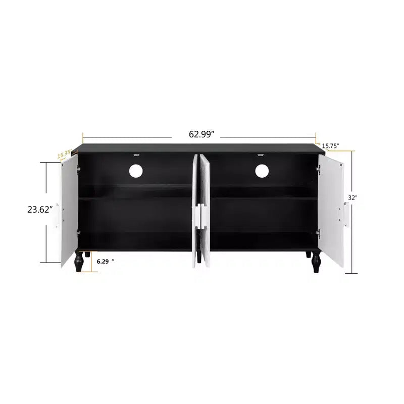 Buffet commode à fleurs sculptées, meuble de rangement 4 portes – Noir / Bois naturel / Bleu marine, une unité